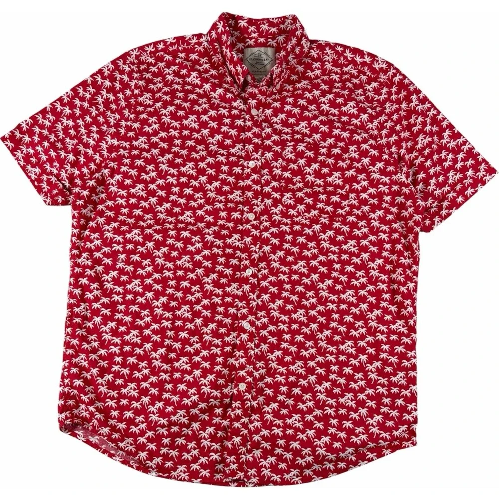 St. John's Bay Red Palm Tree Print Button Up Shirt Men's L Tropical Short Sleeve